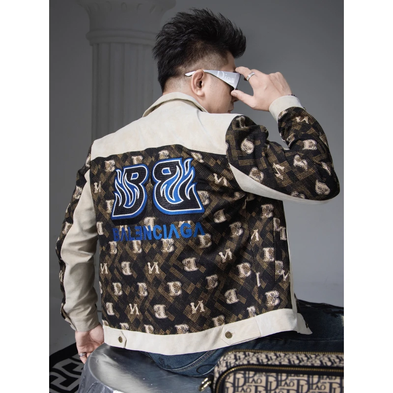 刺绣拼接外套男款秋季欧货2025新款潮牌翻领休闲上衣男士工装夹克