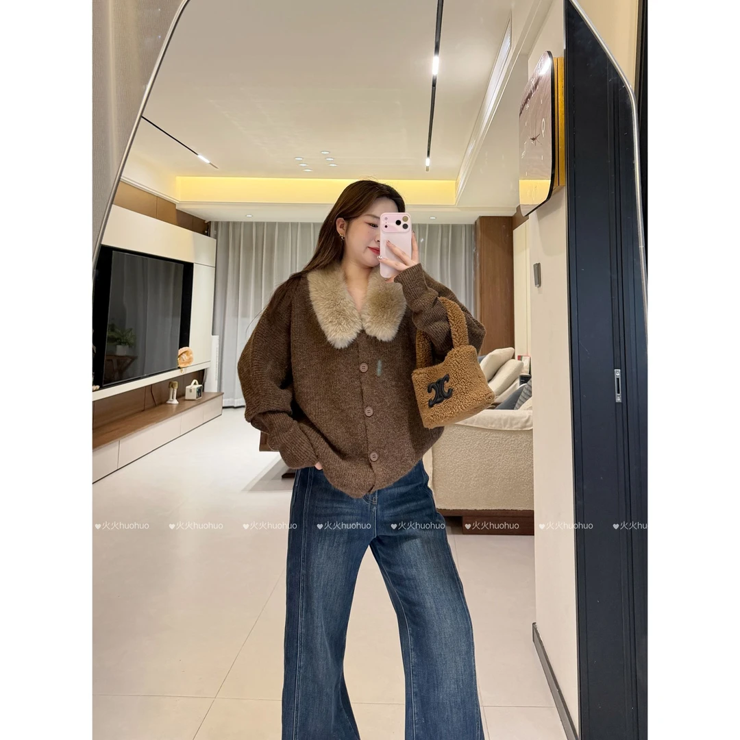 JY5005#慵懒风毛领毛衣女冬季软糯宽松长袖针织上衣（毛领可拆卸）