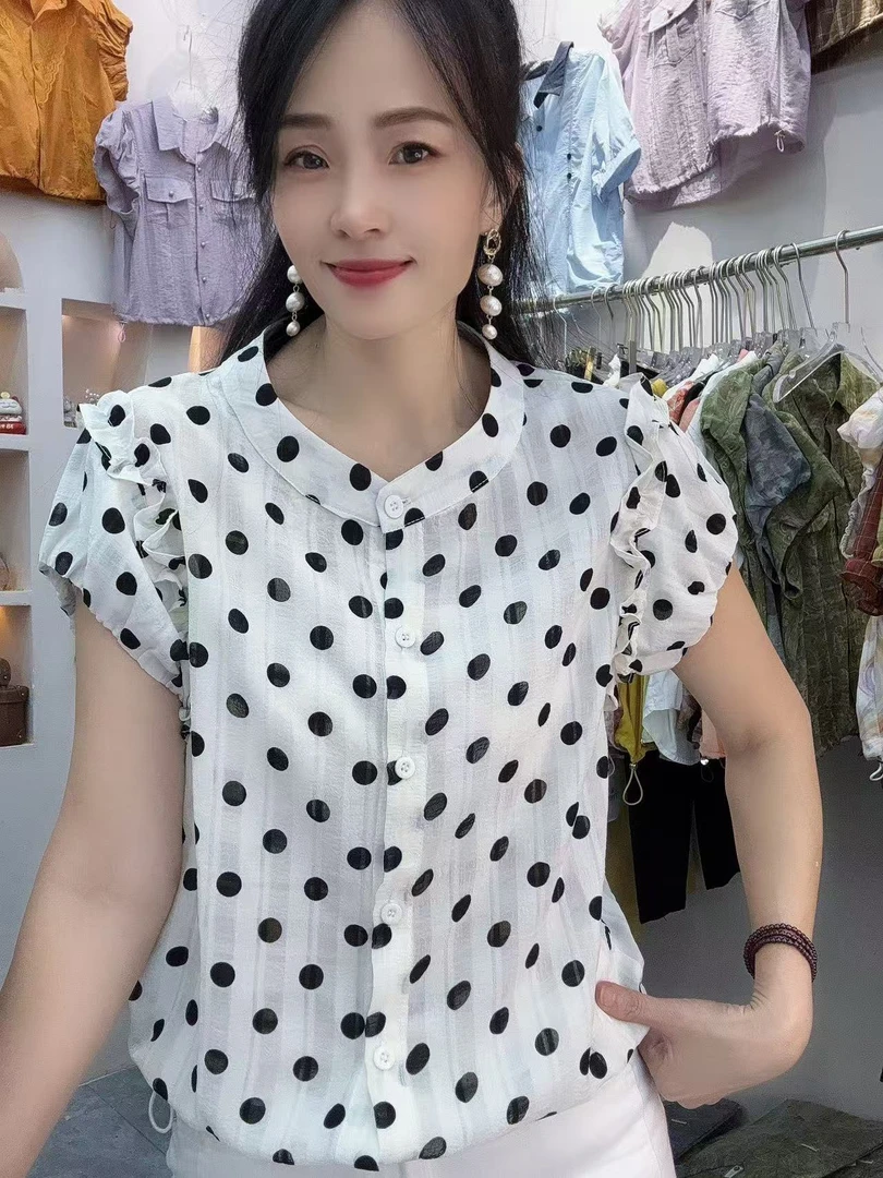 【秀家】夏季圆领波点时尚开衫短袖洋气花苞袖衣角抽绳调节大小741