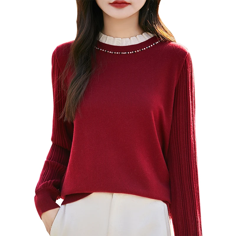 花边领钉珠针织打底衫女2025春秋新款保暖洋气叠穿高档针织衫上衣