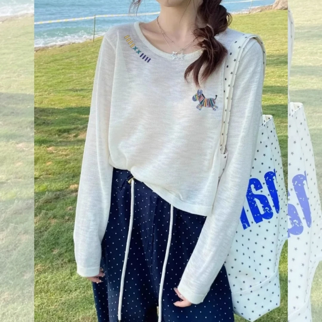 竹节棉白色小马印花针织防晒女秋冬季慵懒宽松显瘦薄纱打底衫上衣