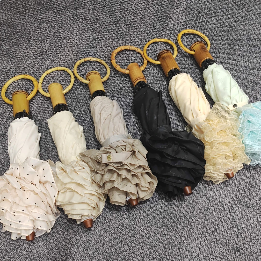 圆环竹节手柄简约清新棉麻布暗纹烧花工艺花边晴雨伞可直骨可二折