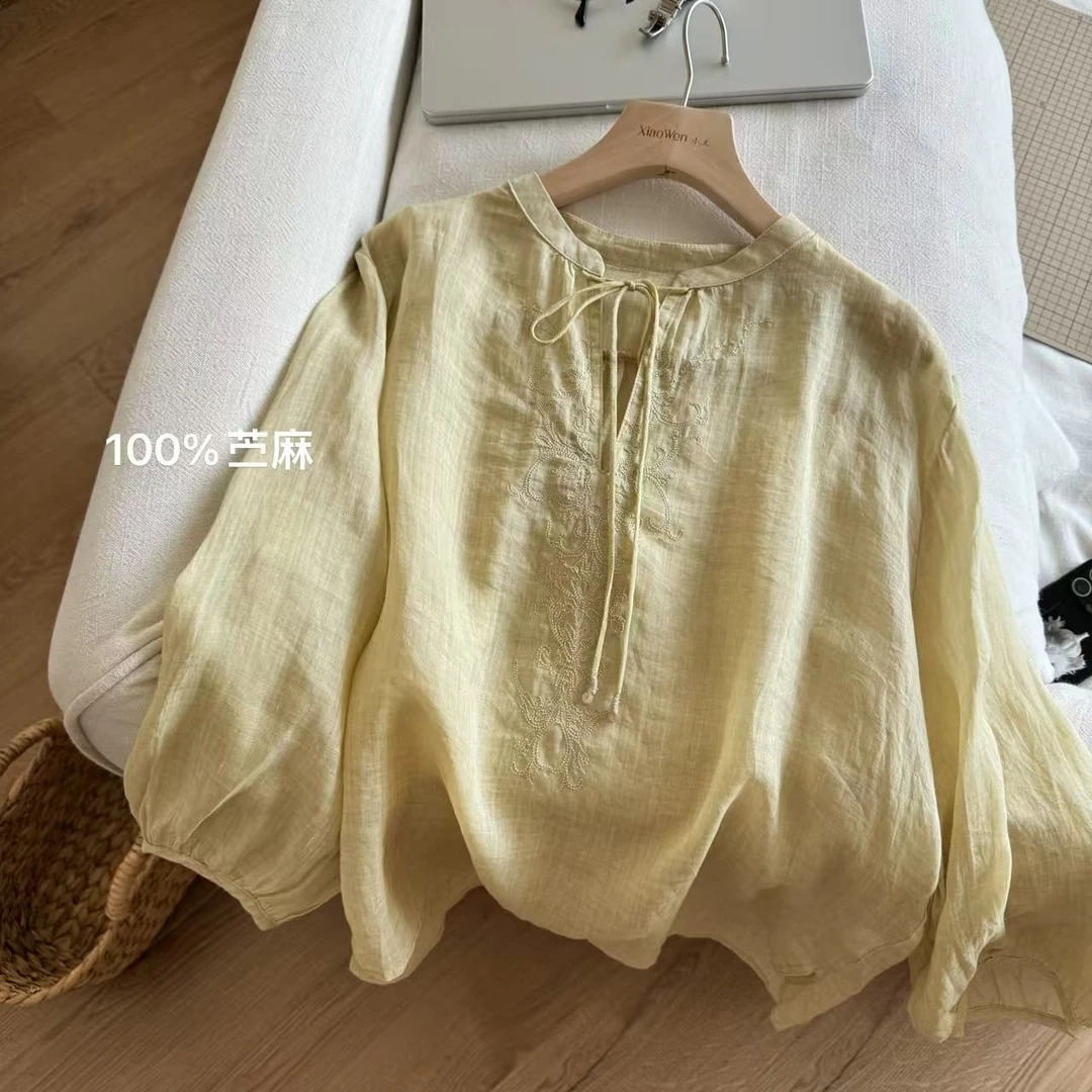 小文姐 W1428-夏季通勤法式小众休闲领系带衬衫小衫宽松薄款上衣