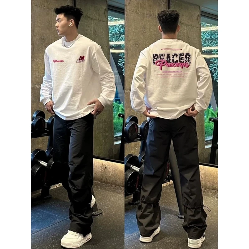 280g重磅纯棉长袖T恤男美式休闲秋季潮牌嘻哈设计感字母印花打底