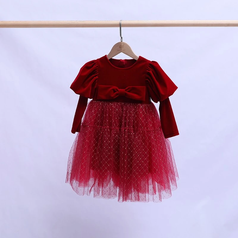 【金丝绒宫廷泡泡袖年装】双层银狐绒金丝网纱女童连衣裙2422033326