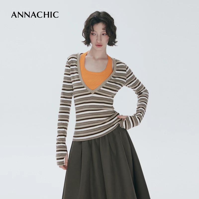 ANNACHIC时髦叠穿_复古条纹大V领长袖T恤女/修身显瘦打底外穿上衣