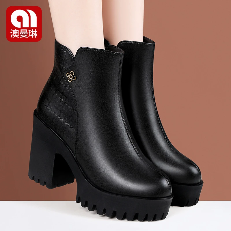 澳曼琳加绒秋冬新款英伦风透气时尚百搭女中筒真皮高跟粗跟马丁靴