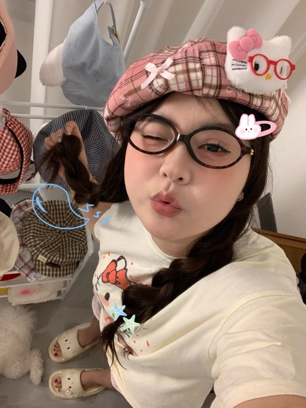 原创辣妹古早味kt猫蝴蝶结八角帽子女甜美可爱显脸小画家帽贝雷帽