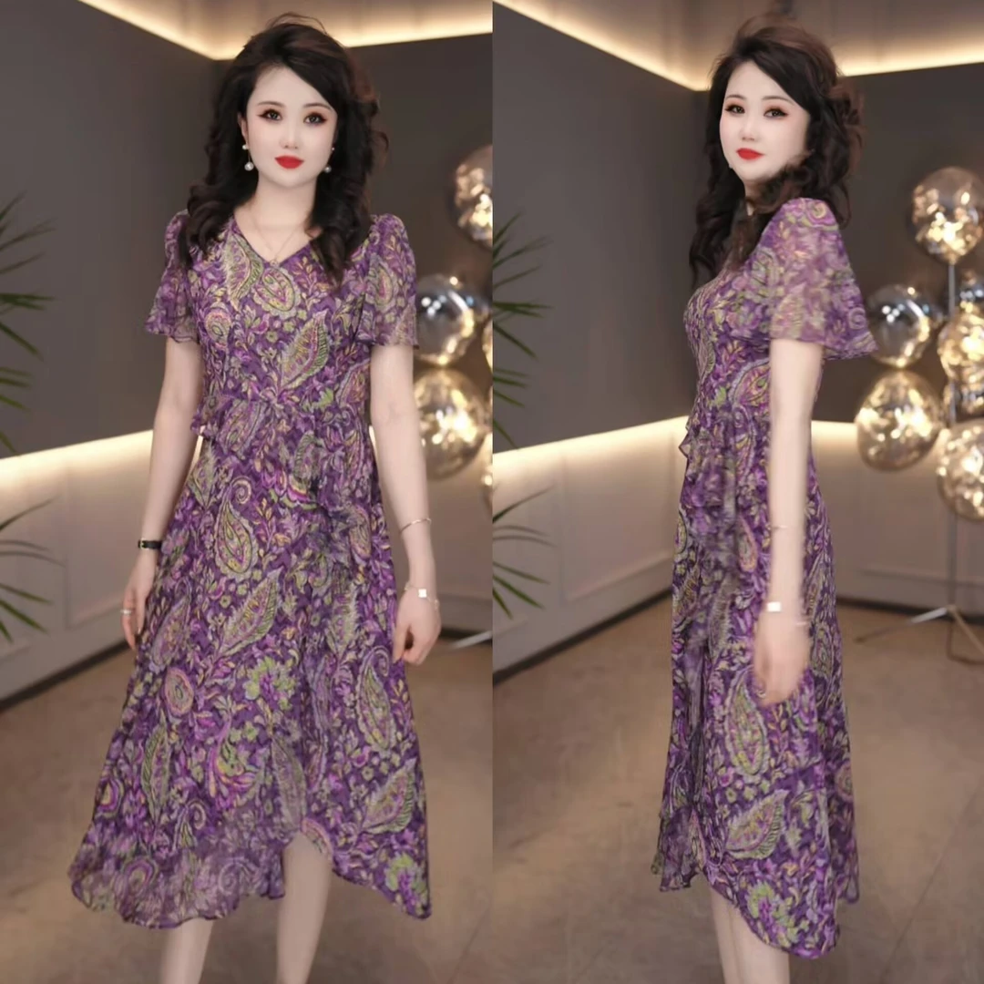 2025夏季新款时尚印花减龄收腰百搭清新碎花中长款连衣裙M-4XL