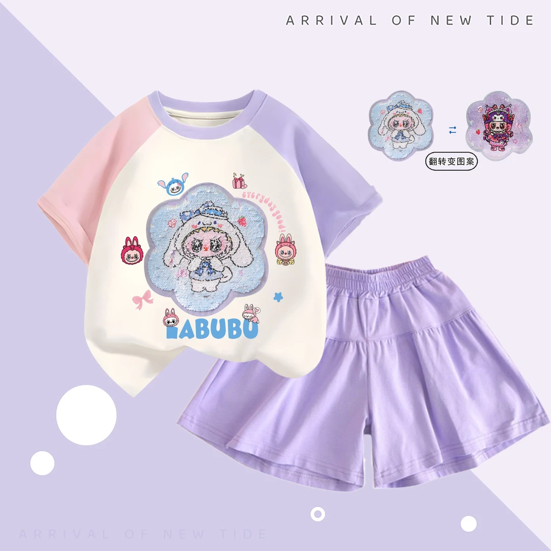 女童短袖裤裙套装卡通库洛米labubu亮片套装夏装女宝宝可爱两件套