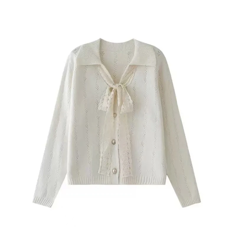 【丹姐家~Polo领蕾丝系带】拉菲绒时尚设计感长袖针织开衫