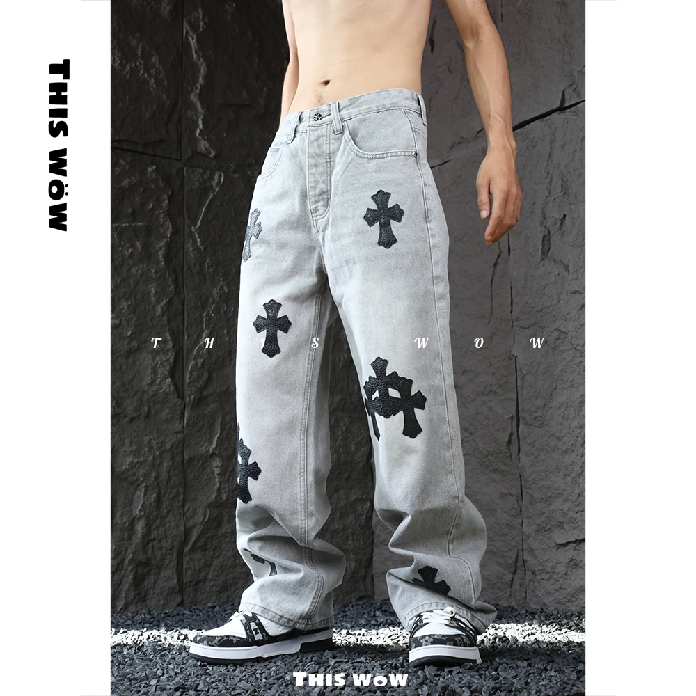 【排扣直筒裤】THISWOW克罗美式黑皮十字架微宽松烟灰色牛仔裤K1000