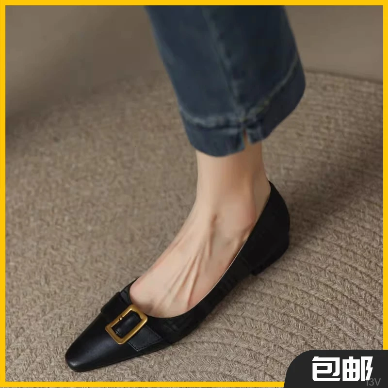 简约风棕色平底鞋女2025年新款夏季法式复古低跟舒适不累脚奶奶鞋