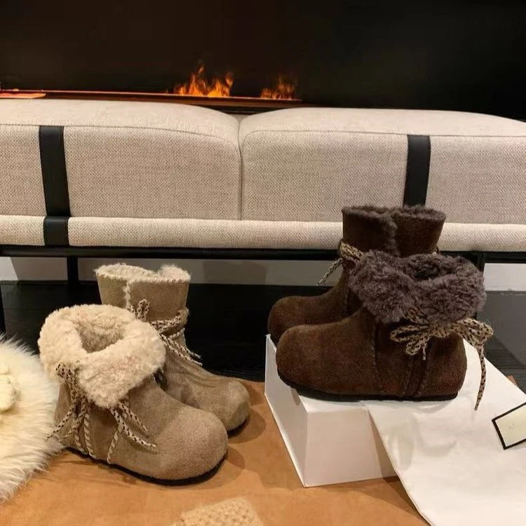 费尔岛~增高5cm真皮羊毛绒雪地靴女2025冬季新款厚加绒保暖勃肯靴