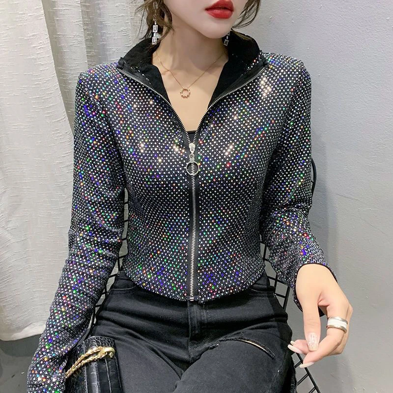 春秋时尚休闲百搭长袖短款设计感显瘦亮片运动洋气女士韩版