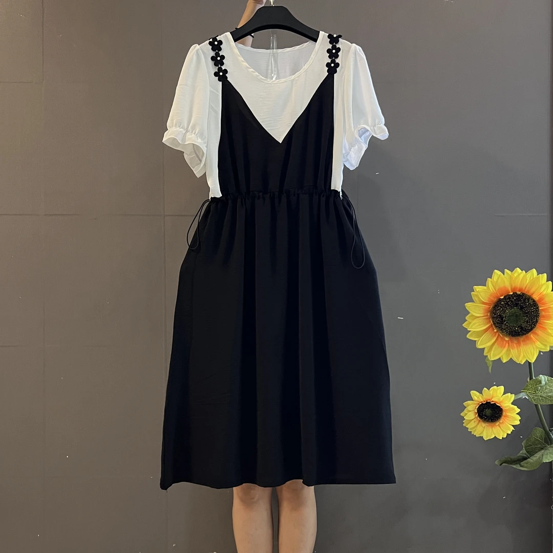 夏季新款花边吊带拼接假两件抽绳设计收腰显瘦大码连衣裙