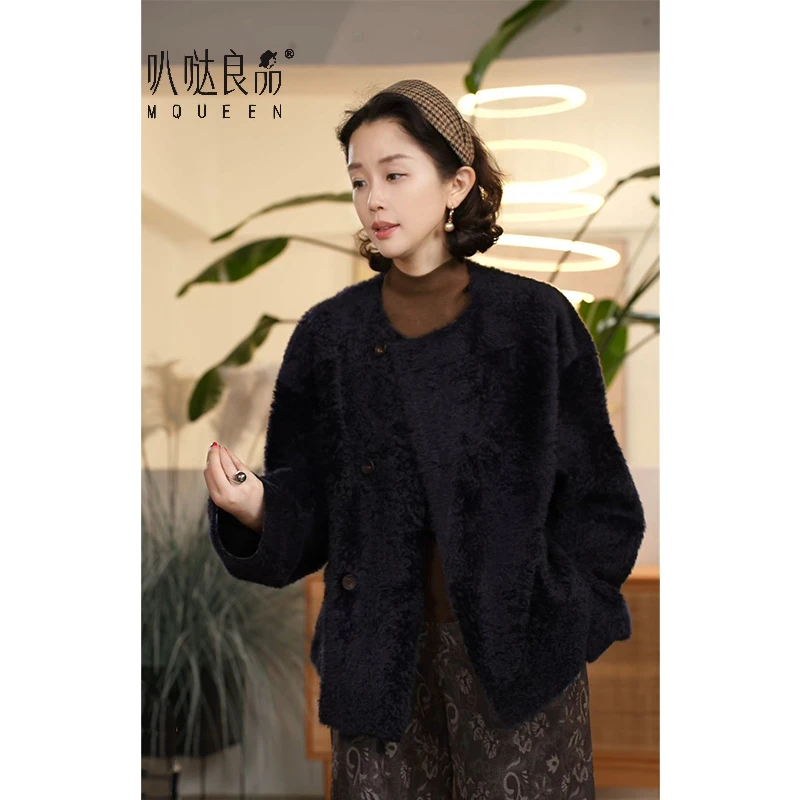 Y【叭哒不惑】小拉贡皮毛一体圆领极简风女长袖黑色新中式