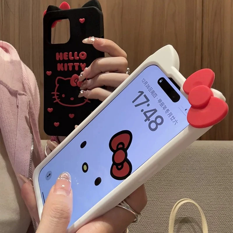 卡通爱心蝴蝶结KT猫iPhone16promax适用苹果15手机壳14硅胶13链条