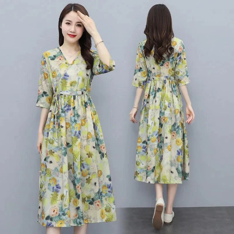 夏装显瘦连衣裙大码裙碎花仿棉收腰新款女时尚裙子中长款2023韩版