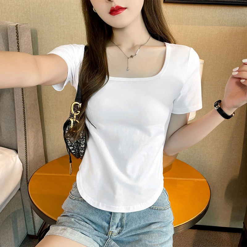 白色正肩女锁骨方领高腰夏季U型下摆修身t恤女露脐修身短款上衣装