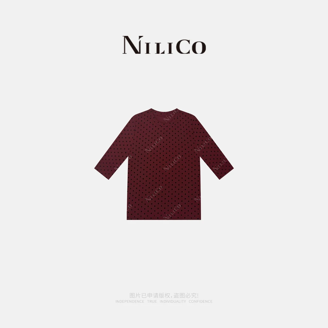 NILICO【朱墨浮影】植绒爱心波点修身正肩显瘦T恤