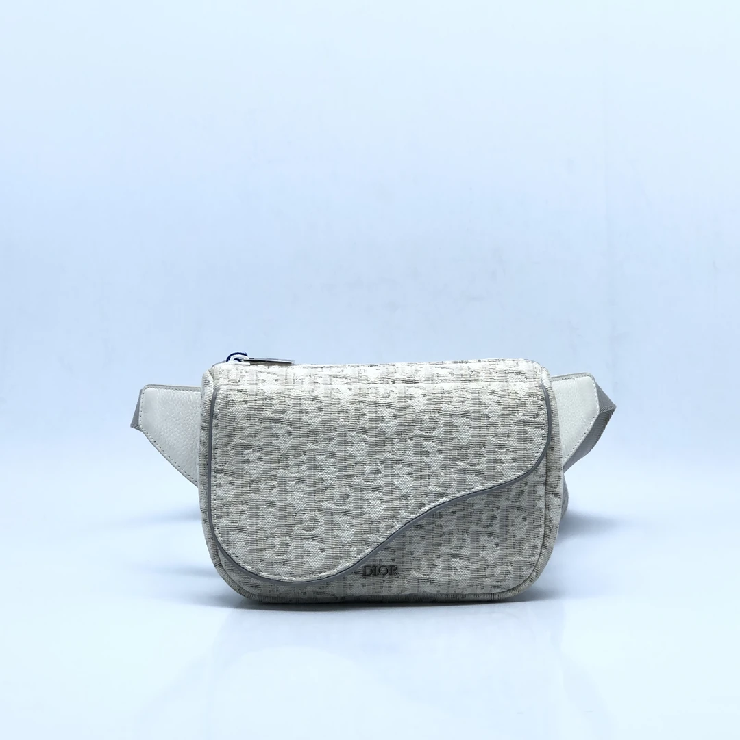 99新 DIOR HOMME/迪奥·桀傲 白色帆布马鞍包/2977号 百搭胸腰包