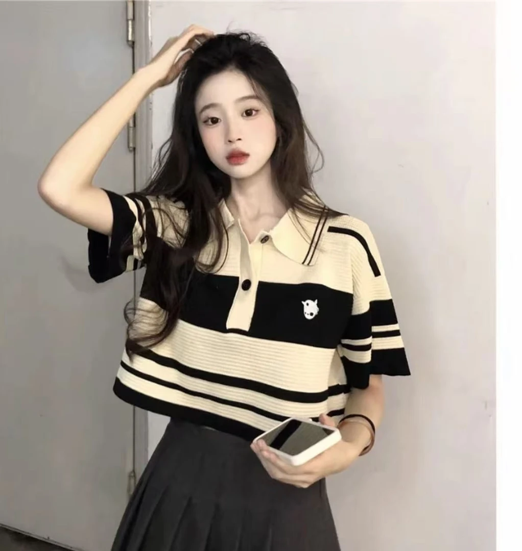 短袖女学院风毛针织衫常规短款夏季百搭polo条纹-0388