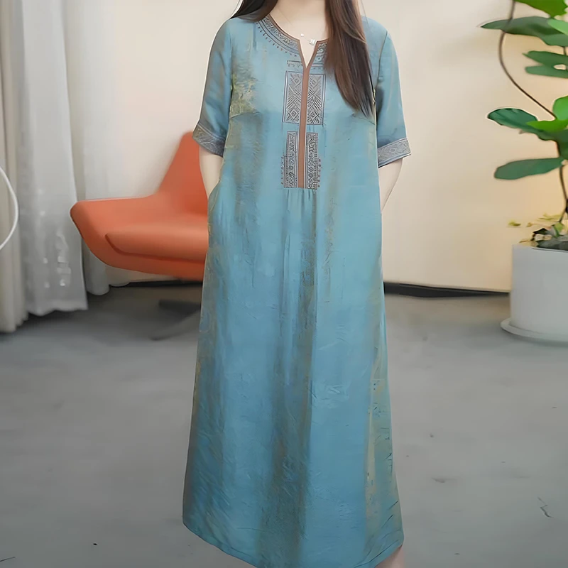 新中式国风复古气质V领连衣裙女夏季2025新款遮肉显瘦宽松直筒裙