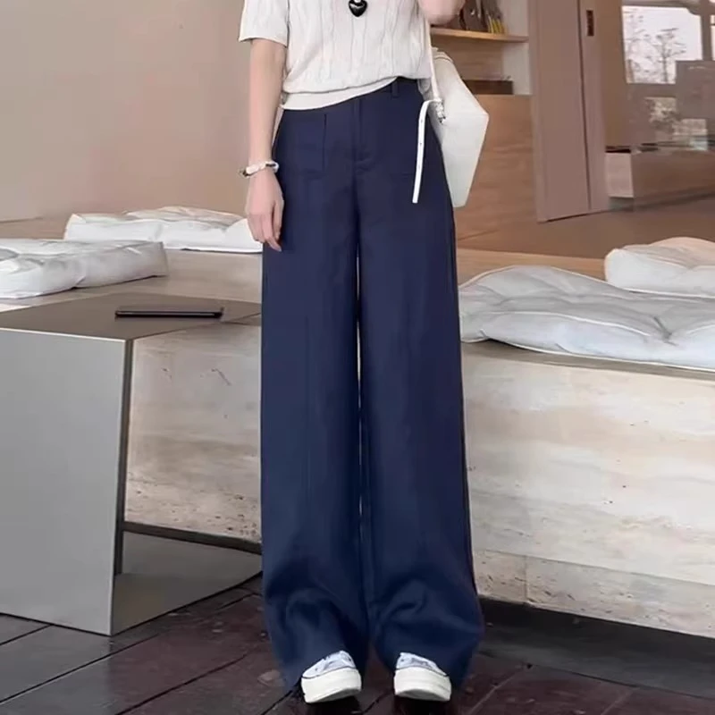 宽松高腰藏青色休闲裤女夏季薄款胖MM大码女装显瘦直筒阔腿长裤子