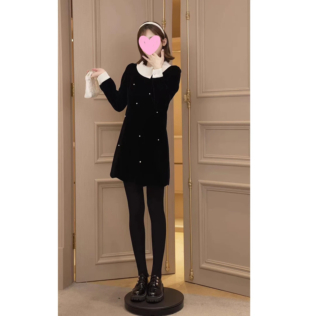 周楚楚女装同款韩系小个子黑色丝绒连衣裙女秋季富家千金小黑裙子