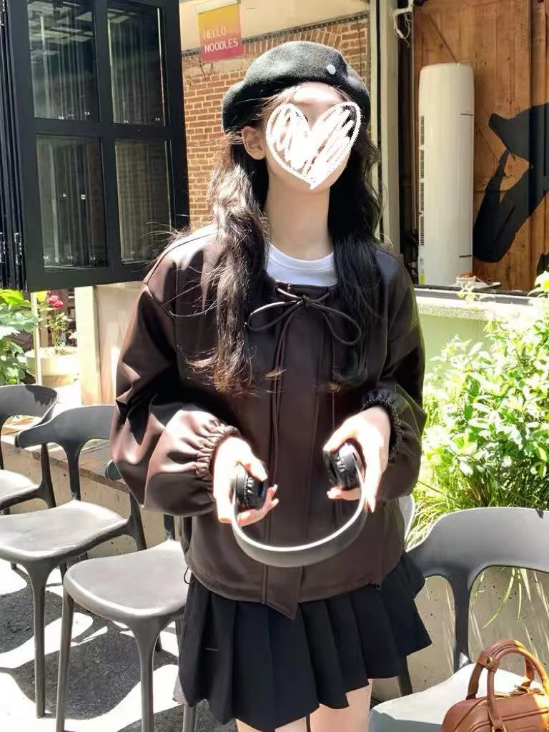 时尚套装插肩袖秋季拼接百搭皮衣立领时尚蝴蝶结口袋春季拉链
