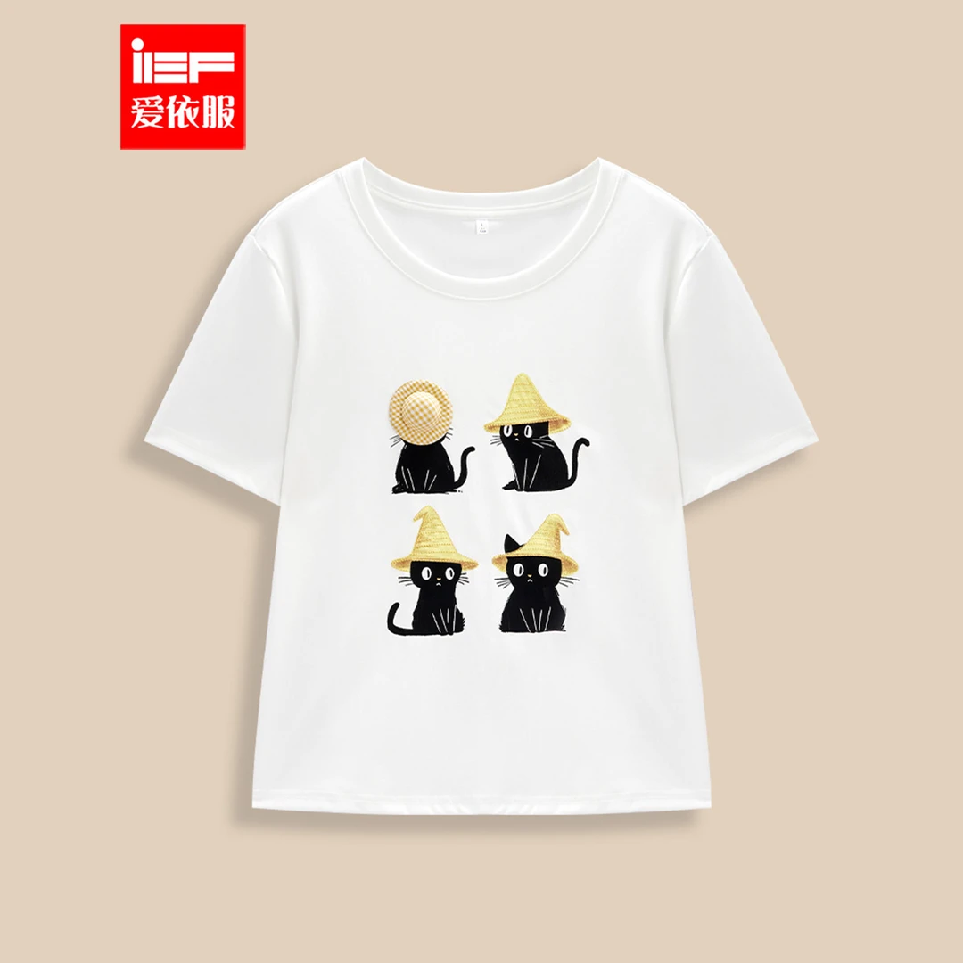 IEF/爱依服【微胖】大码女装2025夏季新款韩版小众猫咪印花T恤女