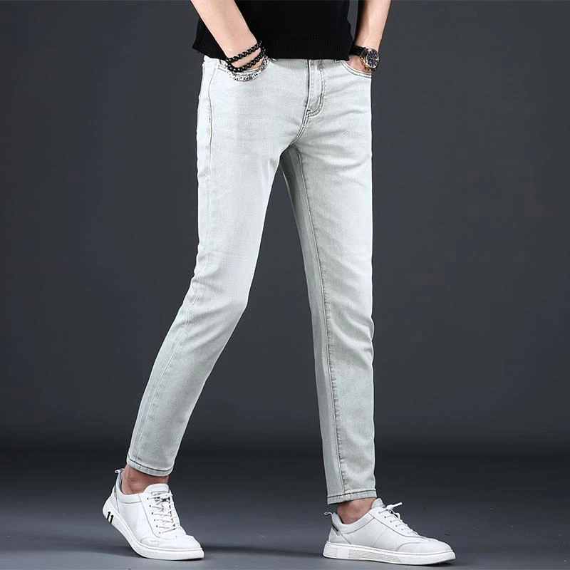 香港夏季薄款牛仔裤男士高端潮流修身小脚裤男式休闲九分裤子百搭