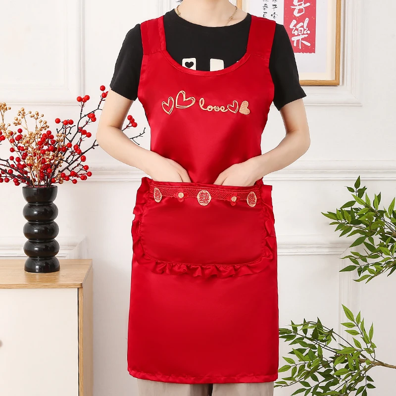 喜事专用刺绣印花结婚红色围裙套袖婚庆婚宴寿宴订婚喜庆花边耐用