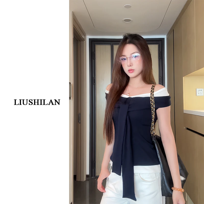 辣妹撞色一字肩领短袖恤设计感小众系带修身显瘦百搭上衣潮