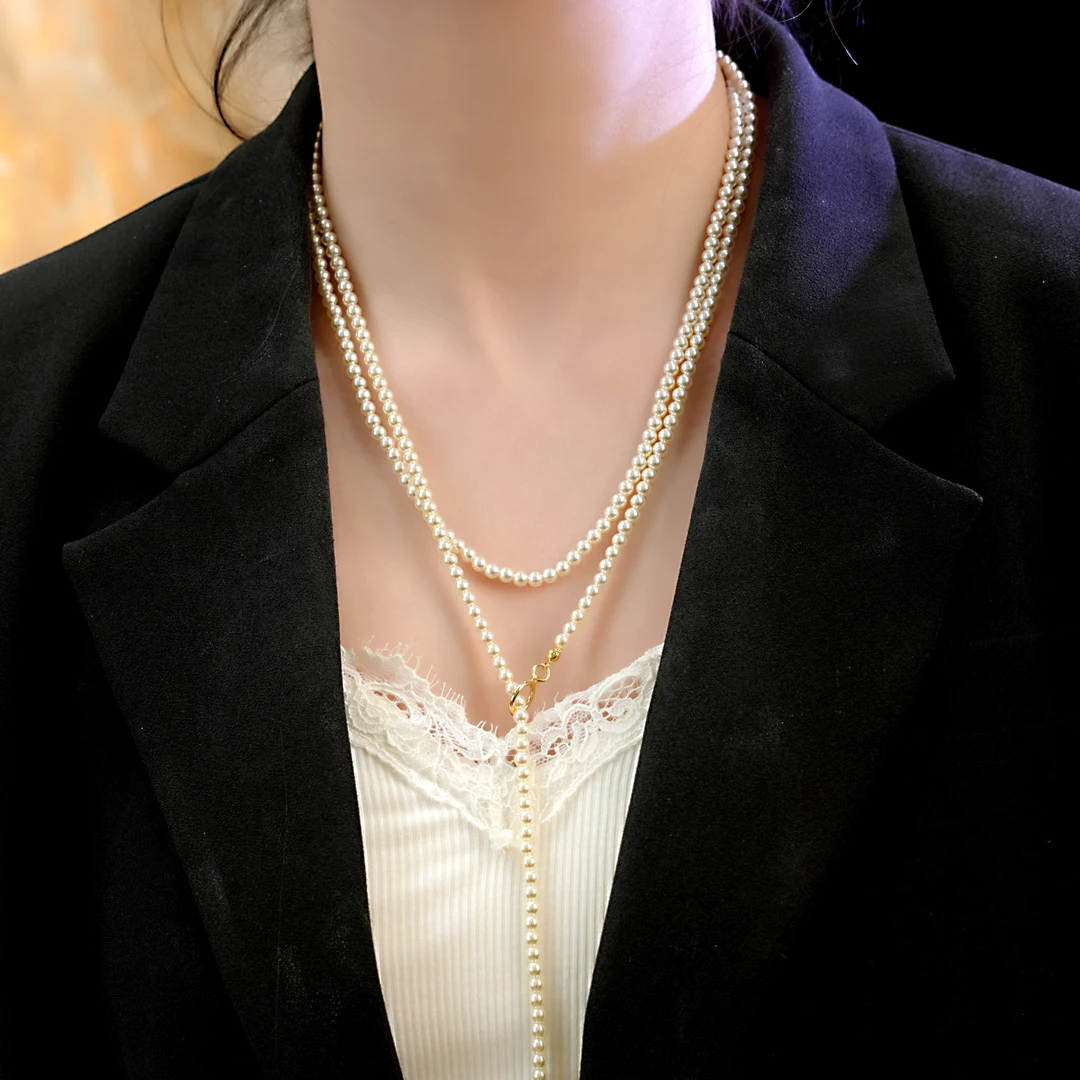 钛钢仿珍珠项链 轻奢时尚百搭简约长款叠戴小米珠毛衣链女