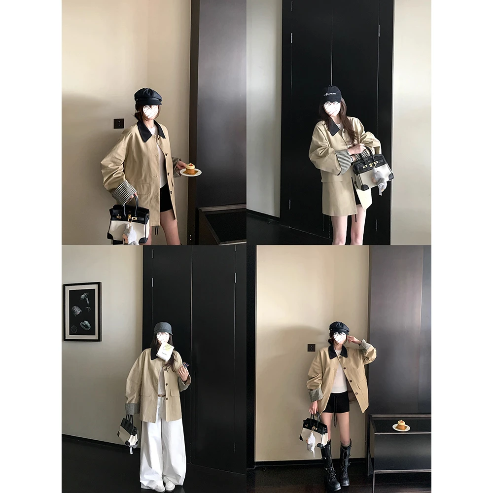 卡其色风衣撞色格纹拼接宽松外套女秋 81113