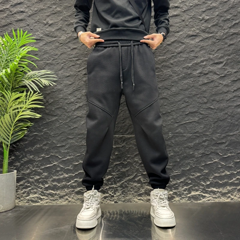 2025秋冬加绒拼接直筒裤男款松紧腰加厚束脚裤高街痞帅宽松休闲裤