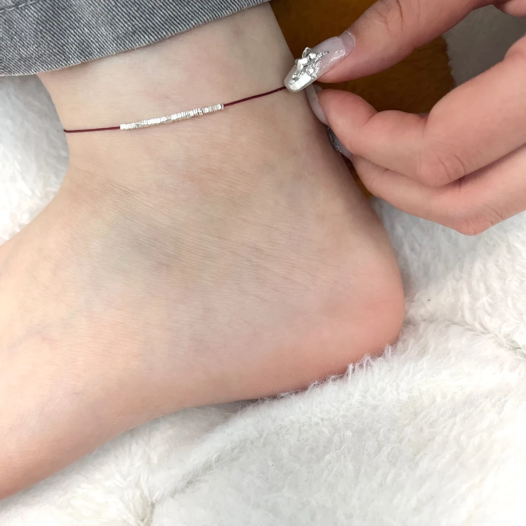 925银脚链 小众韩ins时尚百搭气质简约 碎银红绳脚链