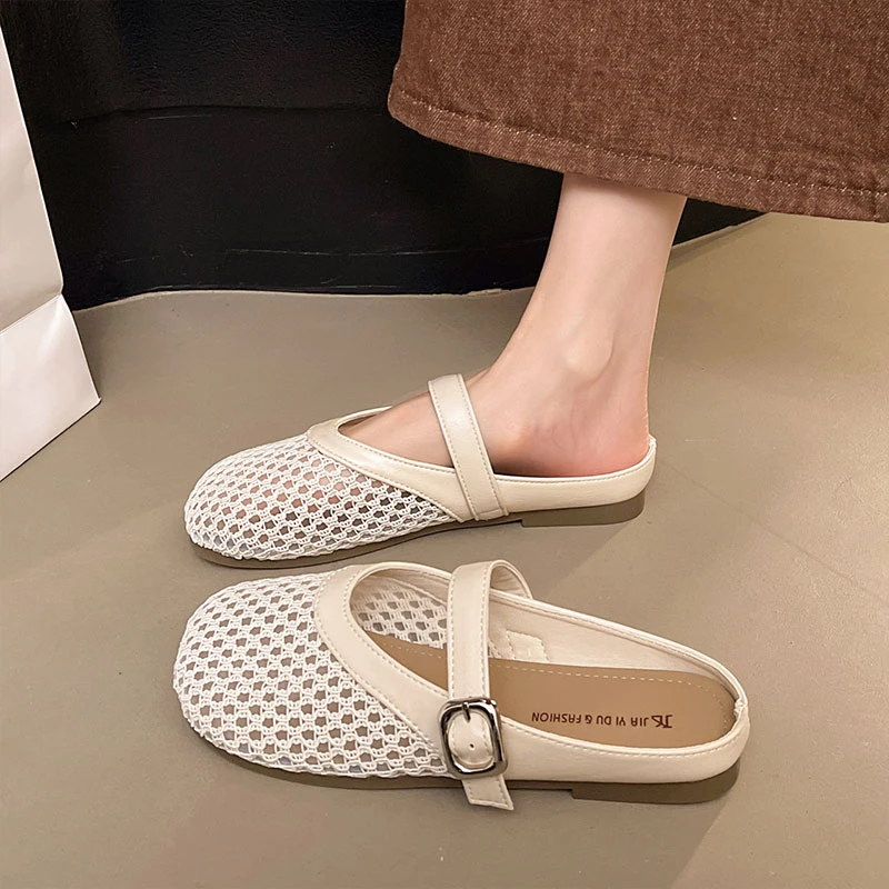 镂空编织包头半拖鞋女夏季外穿2025新款平底透气一脚蹬洞洞鞋凉拖