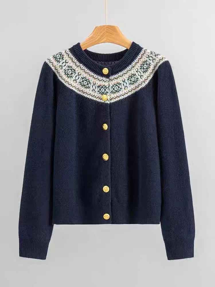 【诗诗同款 100%山羊绒 加厚开衫】针织圆领开衫 菲尔岛花RZY