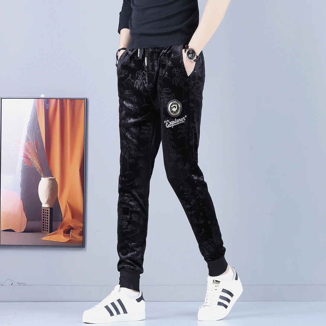 2025新款高端男士休闲裤金丝绒男裤韩版修身弹力印花束脚裤男长裤