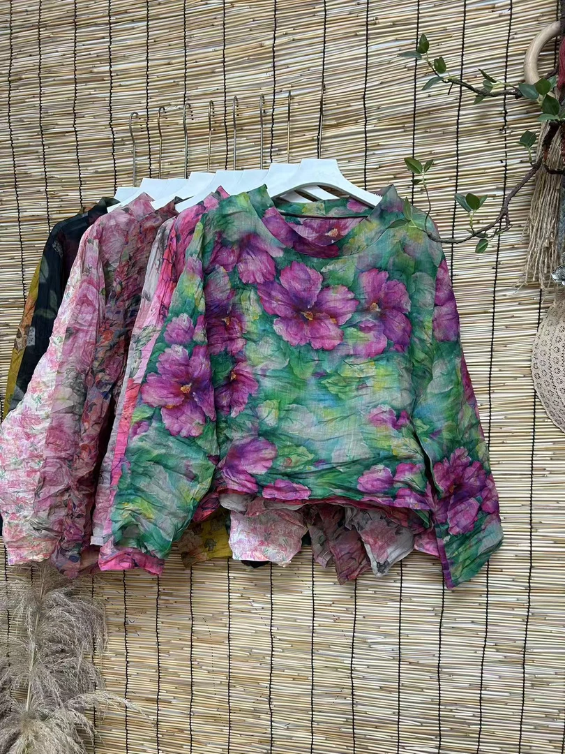 丽丽-原创圆领印花百搭长袖苎麻小衫