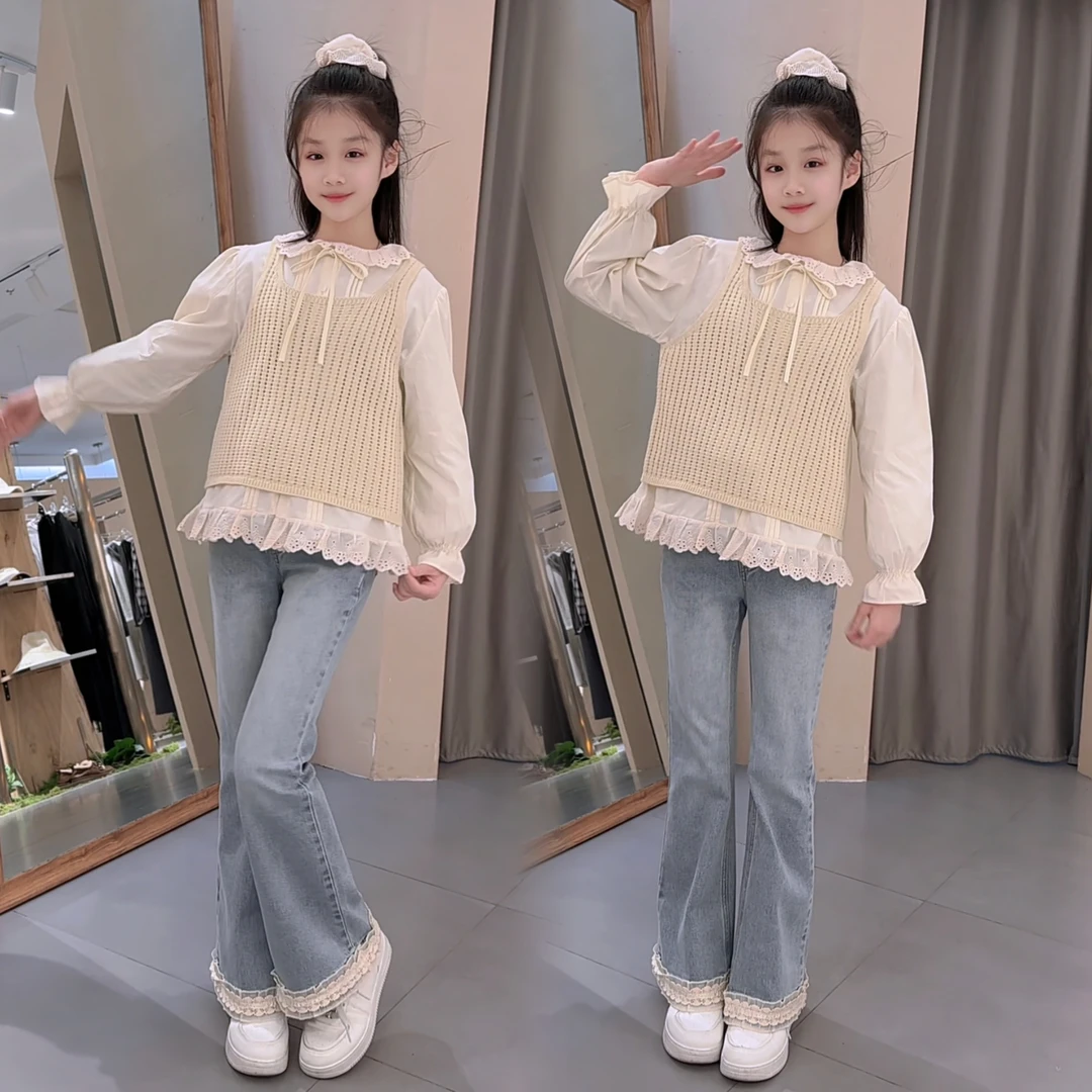 女童裤子春秋2025新款童裤女孩甜美喇叭裤大童弹力修身牛仔裤春装