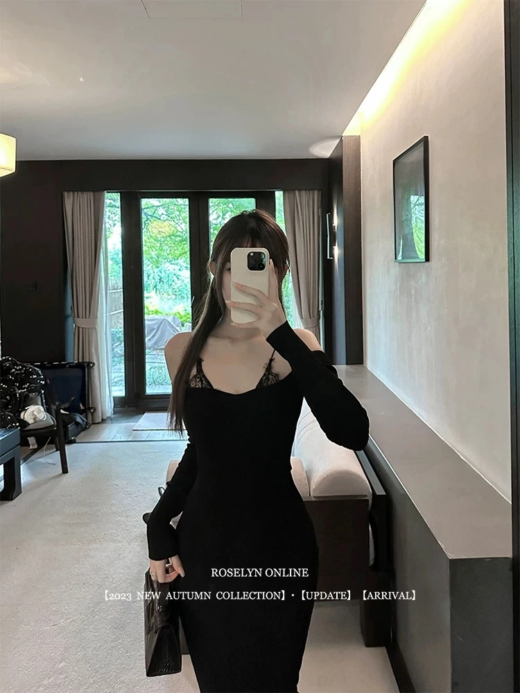 【私服线】气质名媛纯欲性感显瘦蕾丝吊带针织连衣裙露肩秋冬打底裙