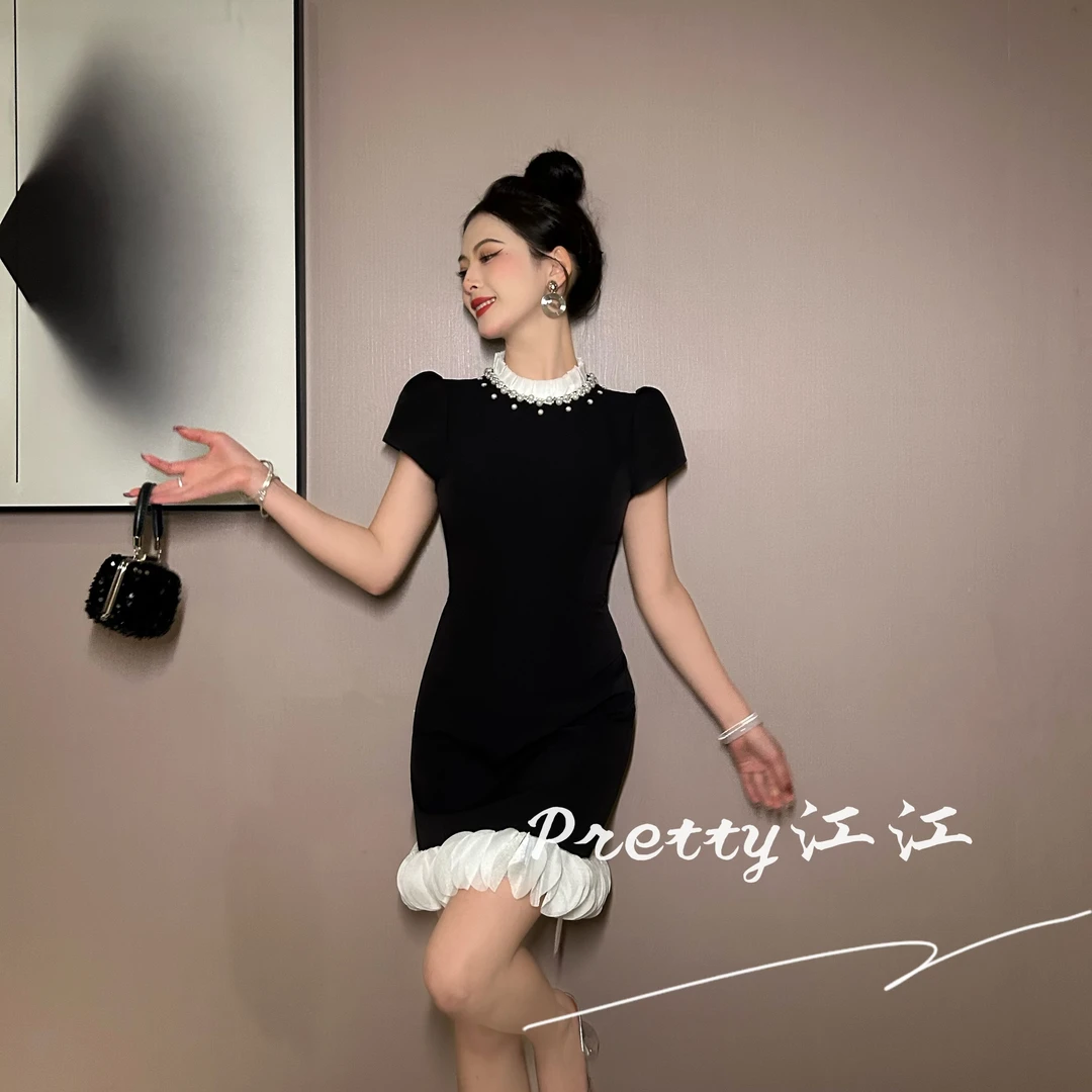 Pretty小众设计师品牌江江定制 法式立领修身包臀连衣裙11567