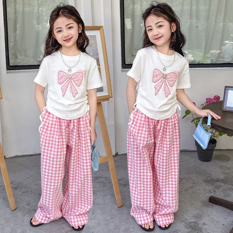 女童夏装套装2025新款洋气儿童短袖女孩夏季休闲格子裤网红两件套