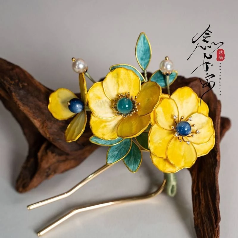 原创非遗绒花新中式檀木发簪古风头饰发钗簪子花朵盘发簪国风新