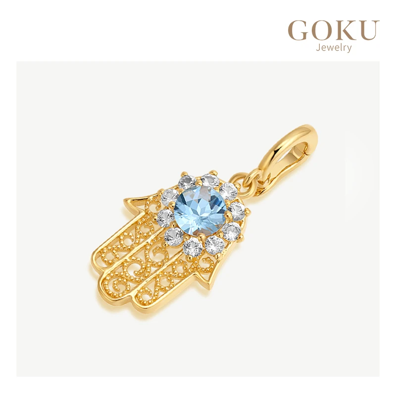 GOKU18K金吊坠女法蒂玛之手海蓝宝坠手工蓝色复古精致万能扣头