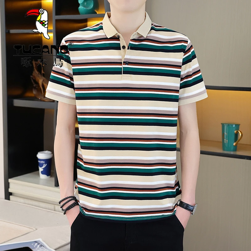 啄木鸟2025纯棉POLO衫短袖男夏季新款青年条纹T恤修身韩版翻领半